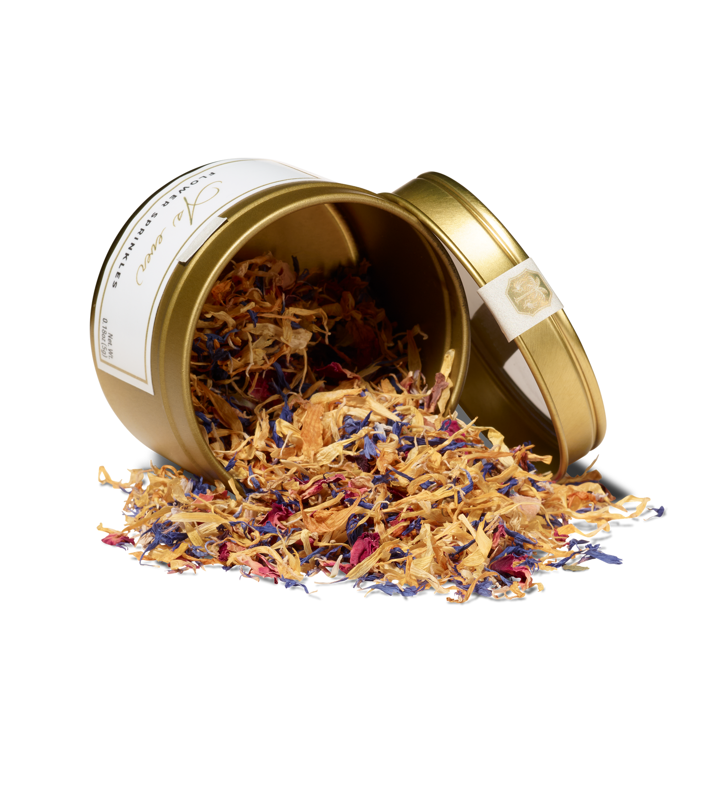 Open tin of flower sprinkles spilling out of it