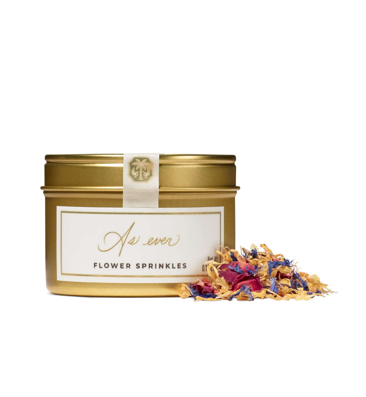Flower sprinkles beside tin package