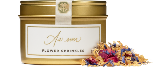 Flower sprinkles beside tin package