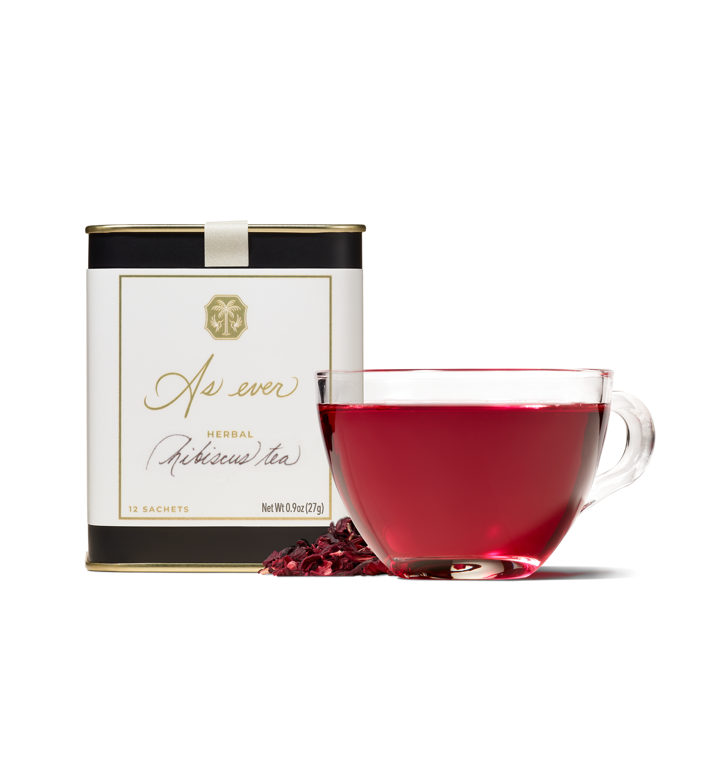 Cup of herbal hibiscus tea with tin