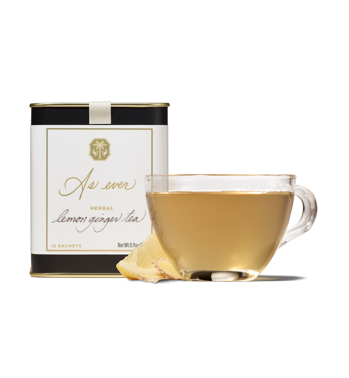 Cup of Herbal Lemon Ginger Tea with tin