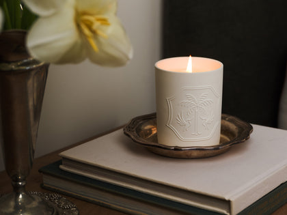 Candle with a decorative emblem on a metallic tray, placed on books with a flower in the background.