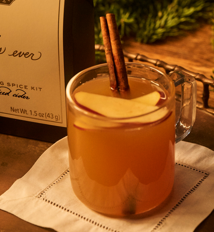 Glass mug with apple cider, cinnamon sticks, and a spice kit in the background