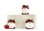 Three jars of strawberry spread, a strawberry, and a beige box with a gold logo.