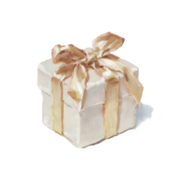 White gift box with a gold ribbon on a white background