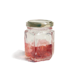 Clear glass jar with a metal lid containing a red substance on a white background
