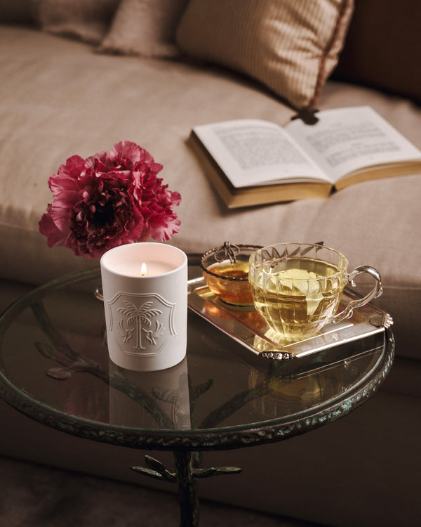 A lit white candle, a pink flower, and silver tray with tea, on a glass table in front of a couch with an open book on it. 