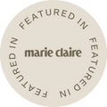 Circular sticker with 'Featured in Marie Claire' text on a white background
