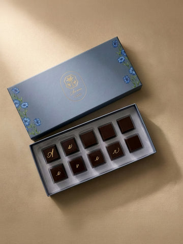 A box of chocolates on a surface. 